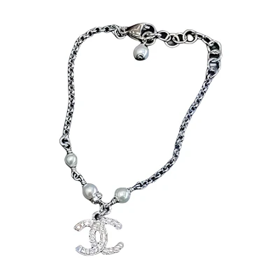 (Women) CHANEL Chain Double C Metal Faux Pearl Rhinestone Bracelet Silver Accessories BD461B16782NY391