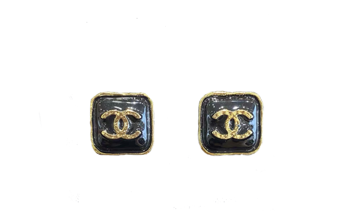 (Women) Chanel Classic Double C Black Gold Square Metal Earrings for Women Black ABC253-B14730-NS732