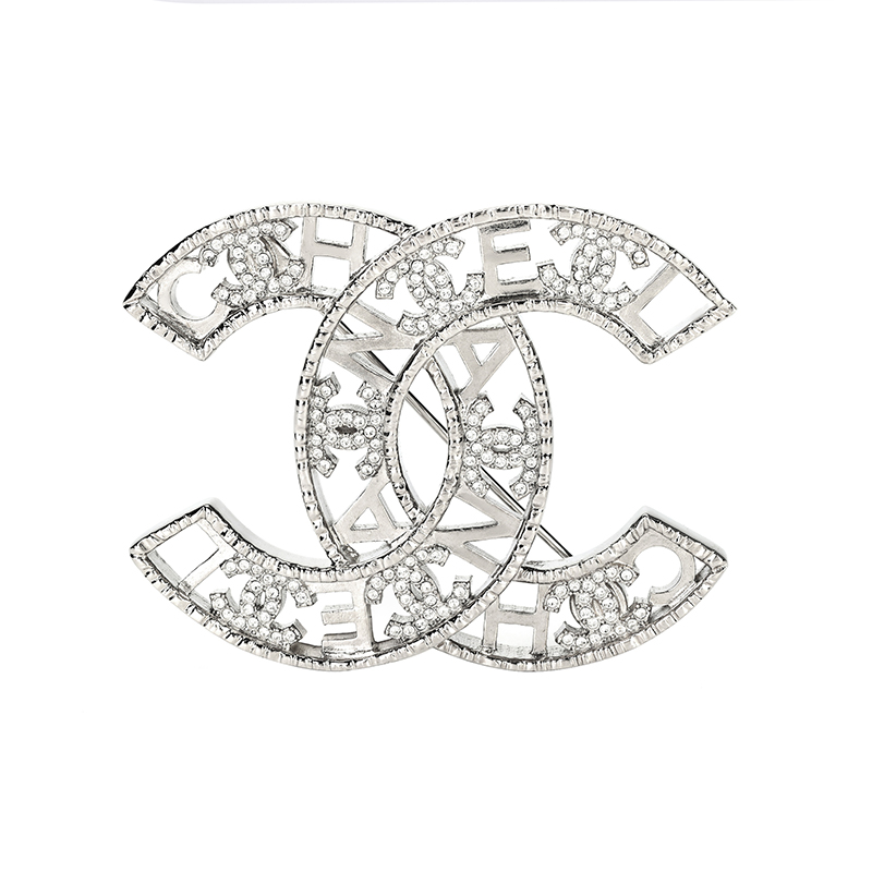 (Women) CHANEL Classic Double C Crystal Brooch Silver for Women. AB9044
