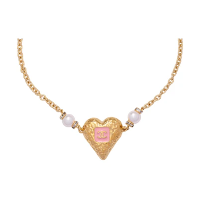 (Women) CHANEL Classic Double C Heart Design Metal Rhinestone Pearl Necklace Gold ABC236-B14766-NS752
