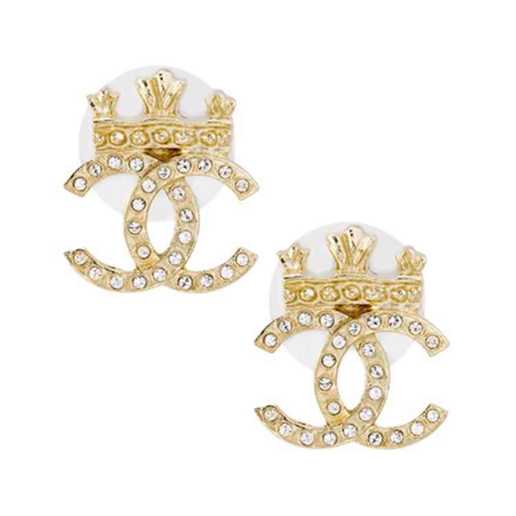 (Women) CHANEL Classic Double C Logo Gold Crown Earrings for Women. AB6662-B06123-ND152
