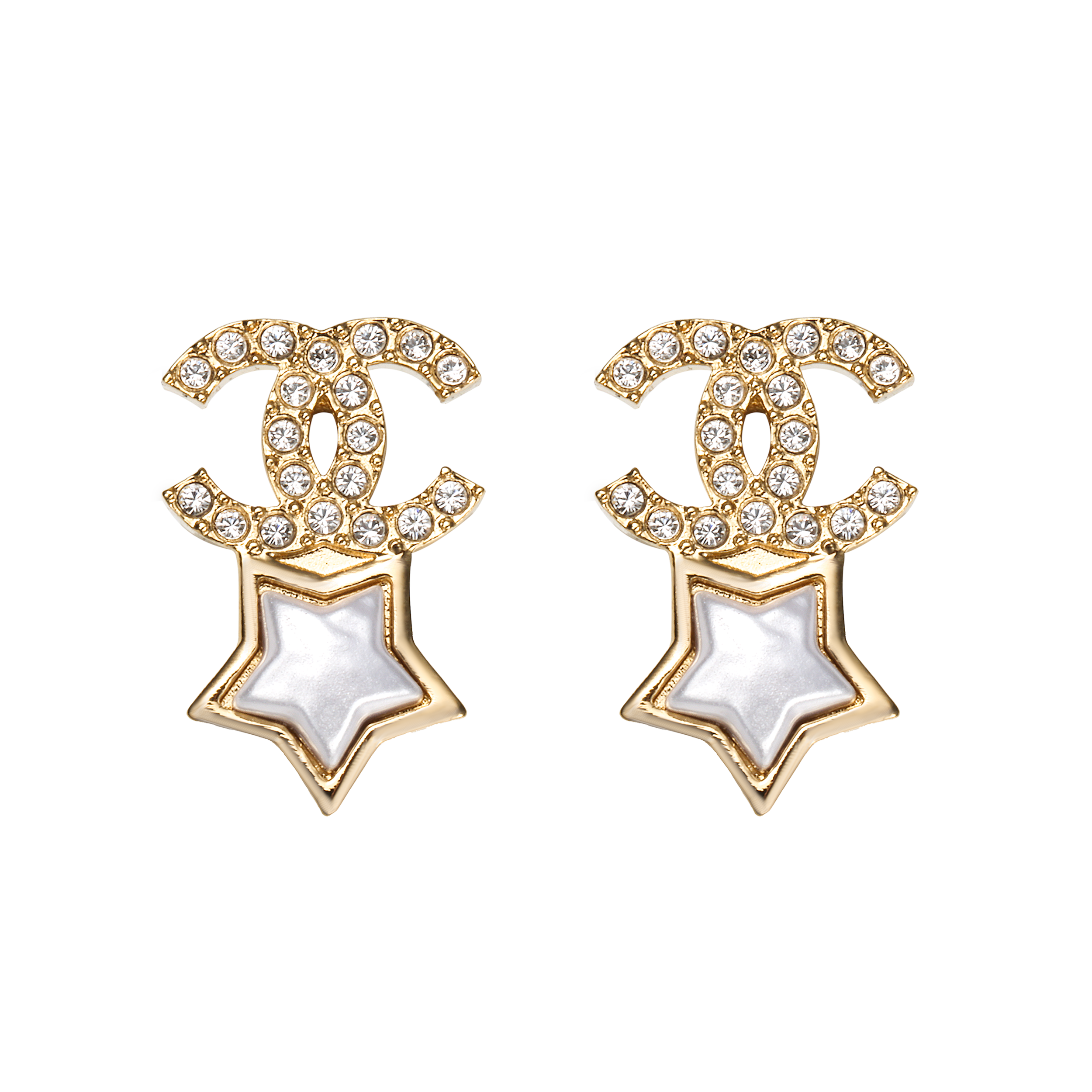 (Women) CHANEL Classic Double C Logo Pearl White Star Gold Earrings for Women. ABC823-B15459-NU624