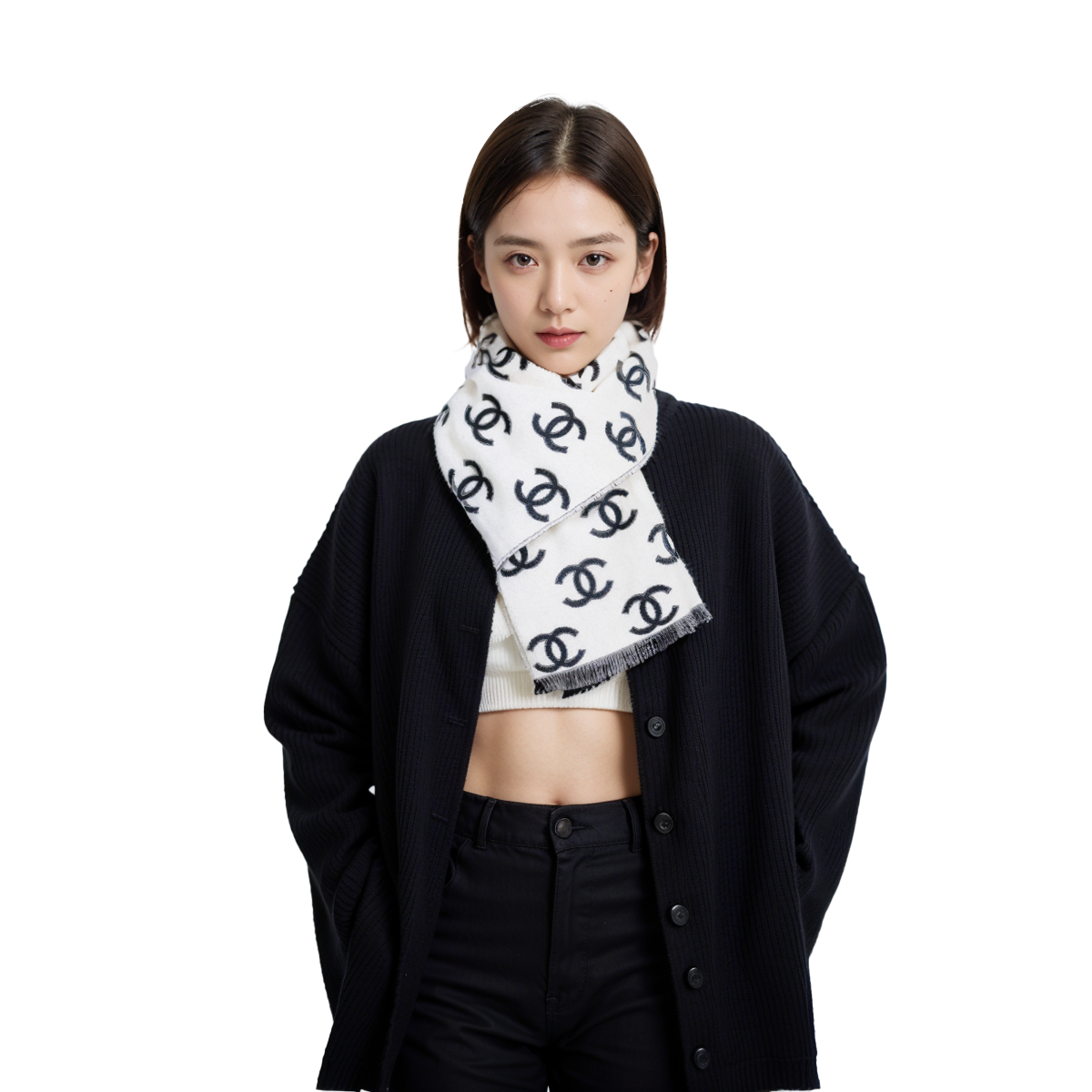 Details for (W) CHANEL 經典雙C標誌羊毛羊絨圍巾 黑色 女士圍巾 AA7067B0403994305