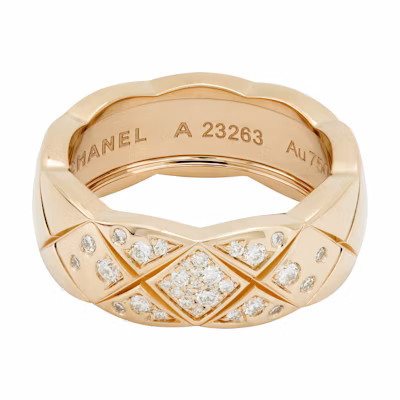 (Women) CHANEL Coco Crush Diamond Ring 18K Gold Beige Quilted Wide Band for Women. J11101