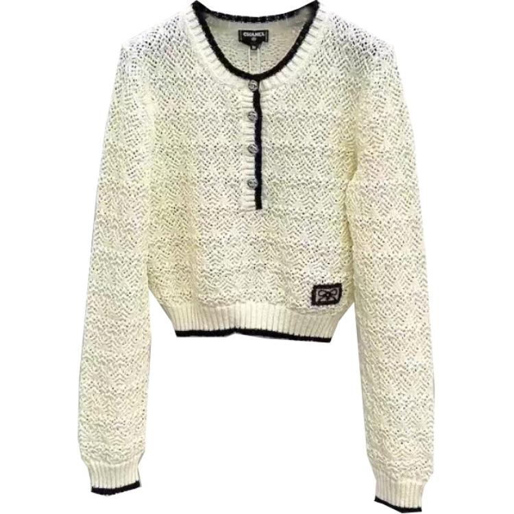 (Women) CHANEL Contrast Trim Beige Knit Long Sleeve Casual Sweater Women. P76860-K11068-NV821