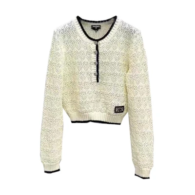 (Women) CHANEL Contrast Trim Beige Knit Long Sleeve Casual Sweater Women. P76860-K11068-NV821