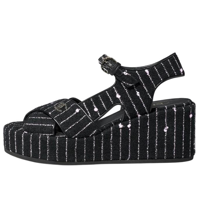 (Women) Chanel Cotton Canvas 'Fantasy Tweed Logo' Fashion Sandals 7cm 'Black' G39918-X56948-K5784