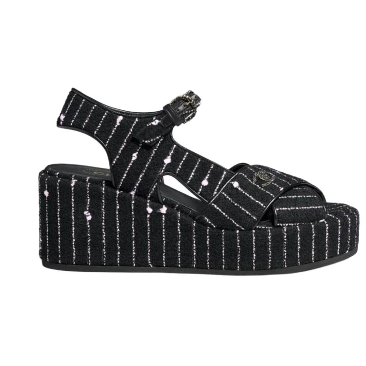 Order (W) Chanel Baumwoll-Canvas ''Fantasy Tweed Logo'' Sandalen 7cm ''Schwarz'' G39918-X56948-K5784