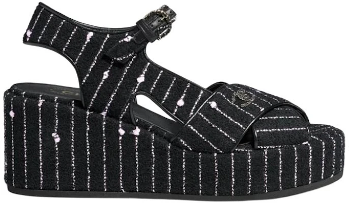 (W) Chanel Baumwoll-Canvas ''Fantasy Tweed Logo'' Sandalen 7cm ''Schwarz'' G39918-X56948-K5784 Order (W) Chanel Baumwoll-Canvas ''Fantasy Tweed Logo'' Sandalen 7cm ''Schwarz'' G39918-X56948-K5784