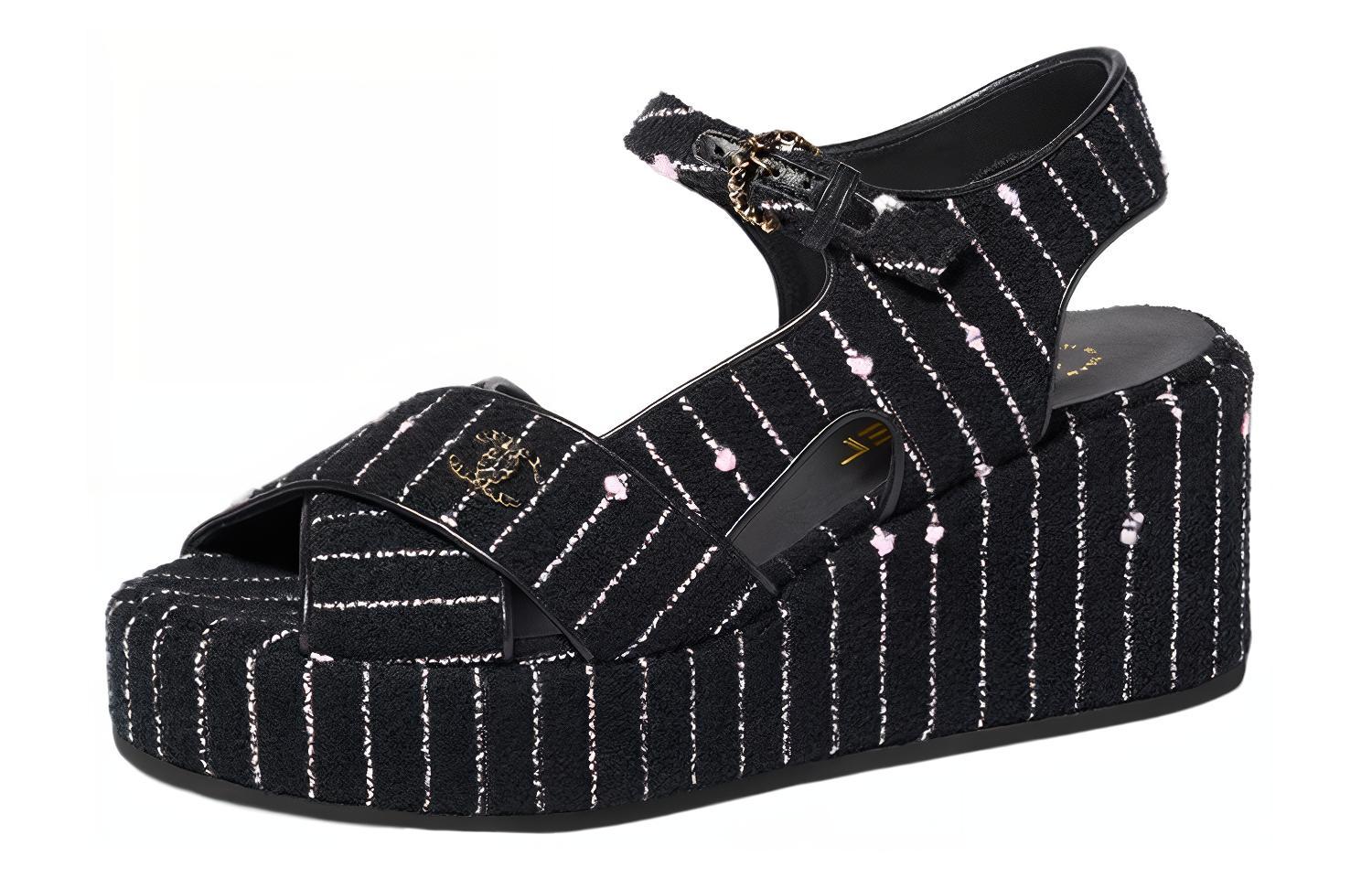Lookbook (W) Chanel Baumwoll-Canvas ''Fantasy Tweed Logo'' Sandalen 7cm ''Schwarz'' G39918-X56948-K5784