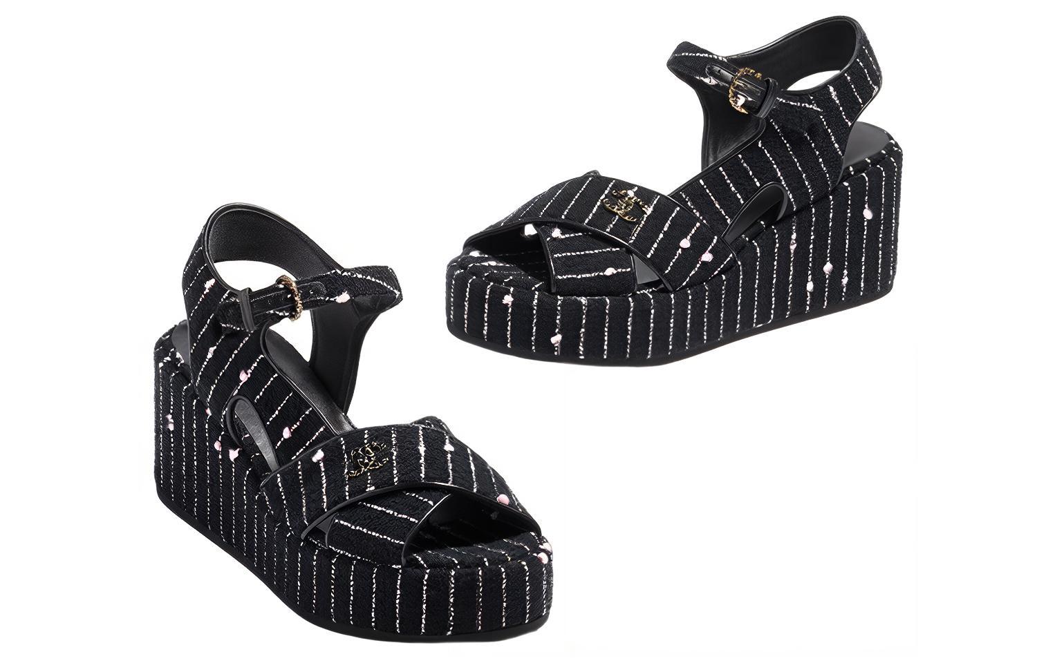 Shop (W) Chanel Baumwoll-Canvas ''Fantasy Tweed Logo'' Sandalen 7cm ''Schwarz'' G39918-X56948-K5784