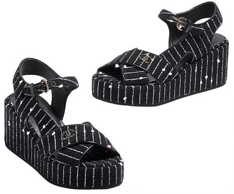 (W) Chanel Baumwoll-Canvas ''Fantasy Tweed Logo'' Sandalen 7cm ''Schwarz'' G39918-X56948-K5784 Shop (W) Chanel Baumwoll-Canvas ''Fantasy Tweed Logo'' Sandalen 7cm ''Schwarz'' G39918-X56948-K5784