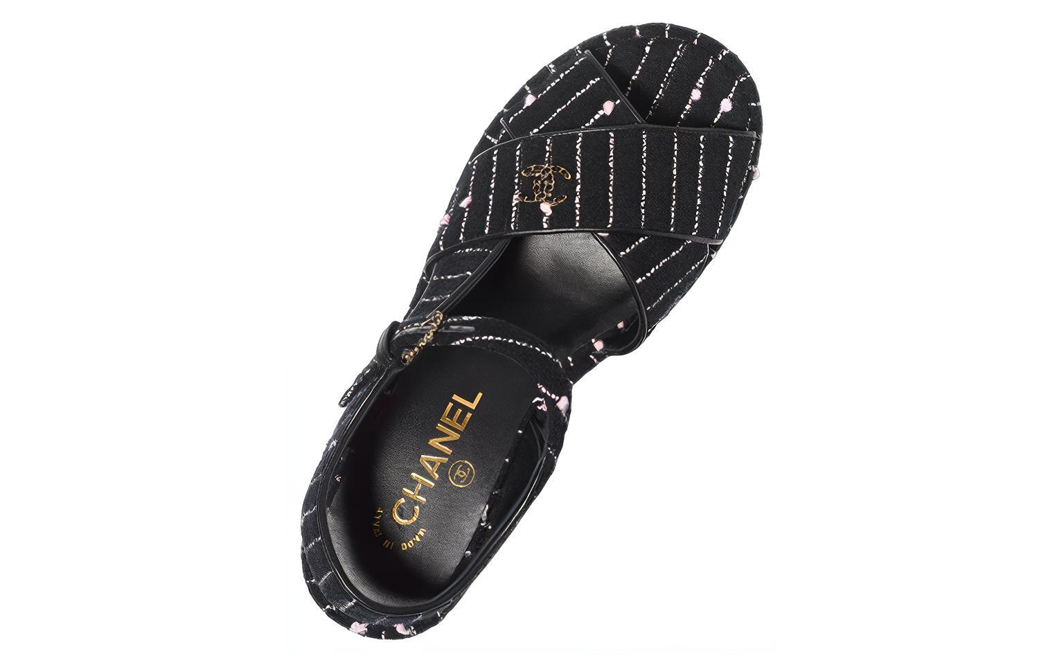 Purchase (W) Chanel Baumwoll-Canvas ''Fantasy Tweed Logo'' Sandalen 7cm ''Schwarz'' G39918-X56948-K5784