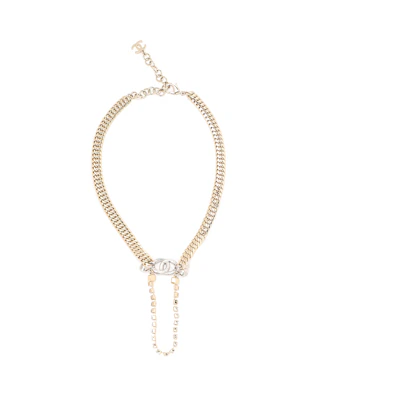 (Women) CHANEL Crystal Heart Silver Double C Diamond Necklace Women SS23. ABA882-B10902-NO033