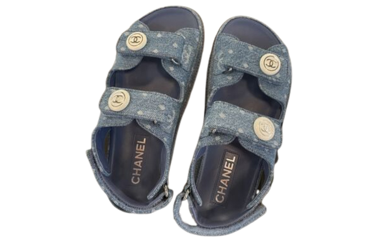 Order (W) 香奈儿丹宁蓝色魔术贴平底时尚拖鞋 G35927-X56947-0S944