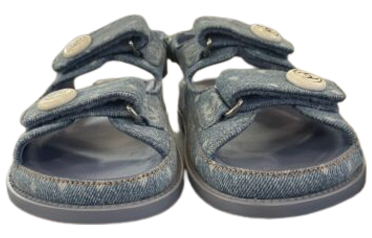 Lookbook (W) 香奈儿丹宁蓝色魔术贴平底时尚拖鞋 G35927-X56947-0S944