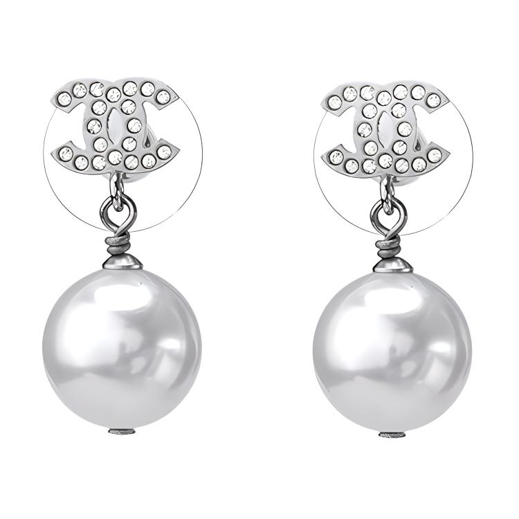 (Women) CHANEL Double-C Pearl Pendant Crystal Silver Earrings for Women A36138-Y02005-Z2354