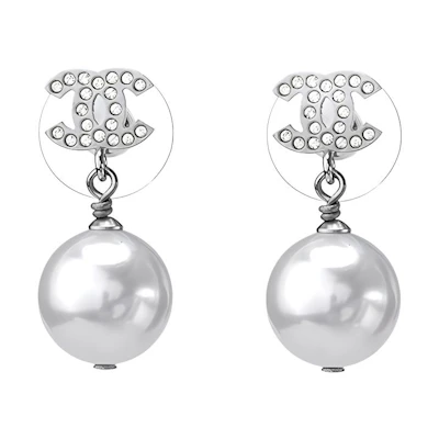 (Women) CHANEL Double-C Pearl Pendant Crystal Silver Earrings for Women A36138-Y02005-Z2354