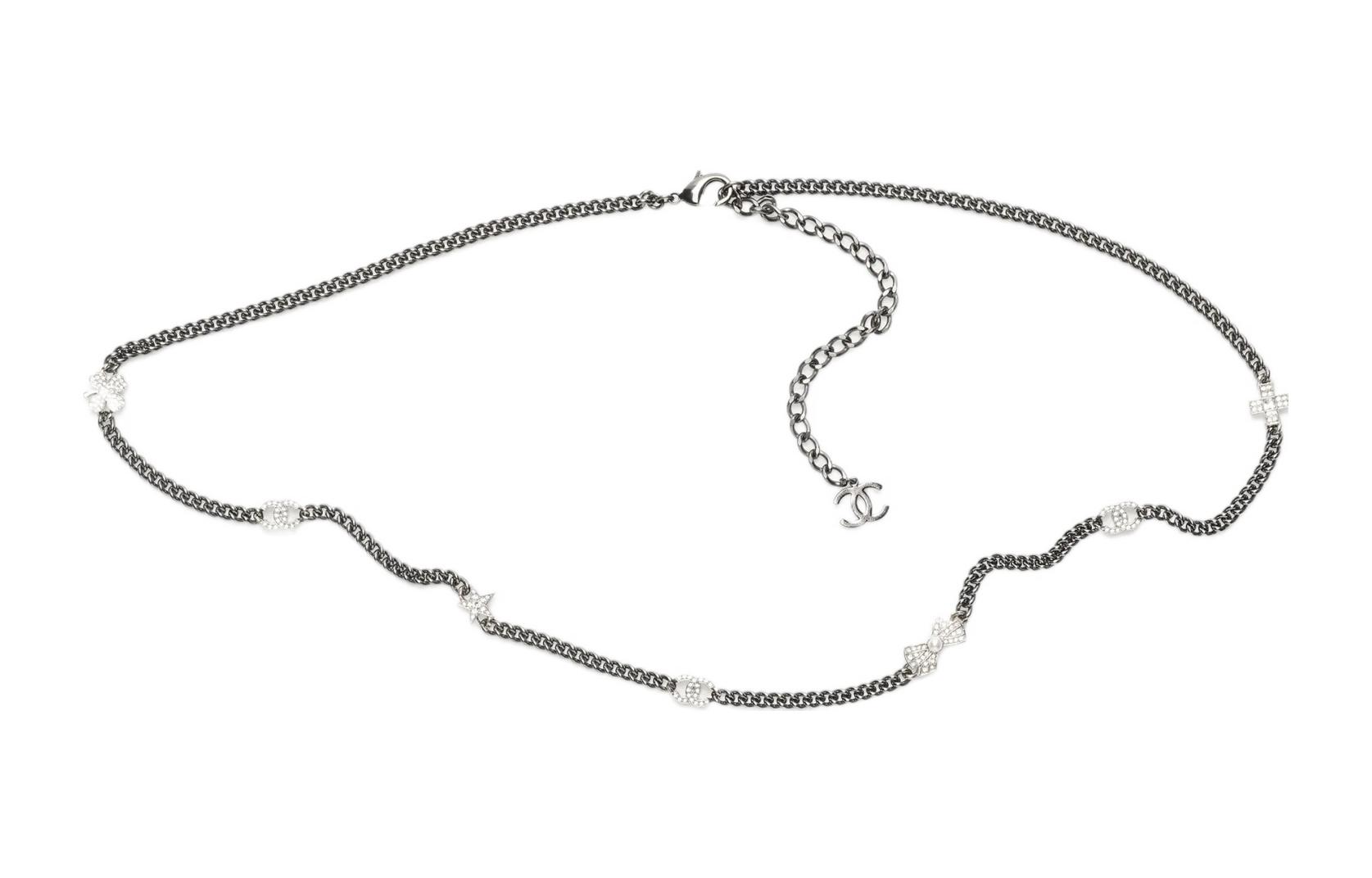 (Women) CHANEL Double-C Rhinestone Metal Glass Pearl  Chain Belt Black AB8023-B07789-NH176