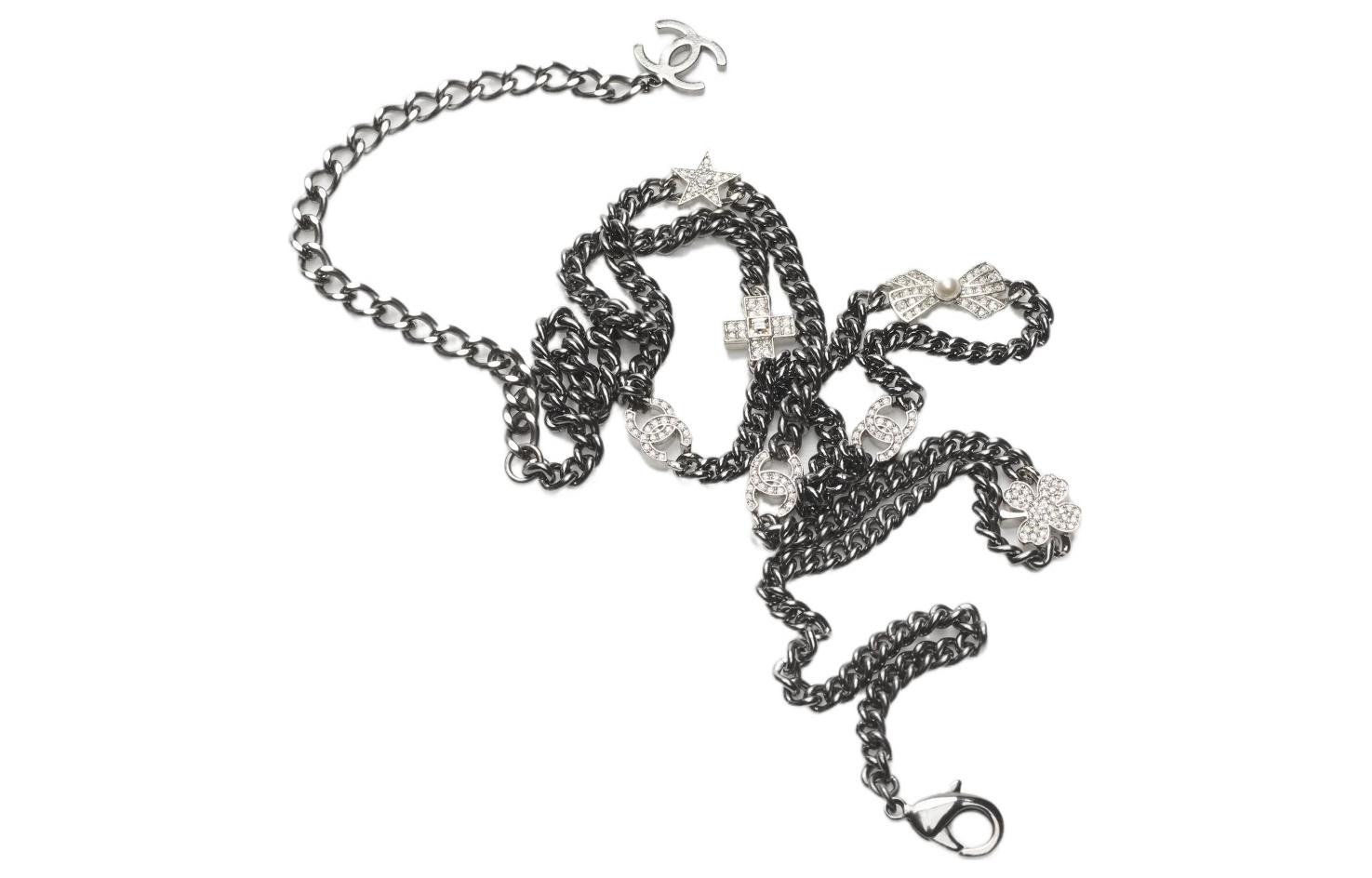 Lookbook (W) シャネル ダブルC ラインストーン メタル ガラスパール チェーンベルト ブラック AB8023-B07789-NH176