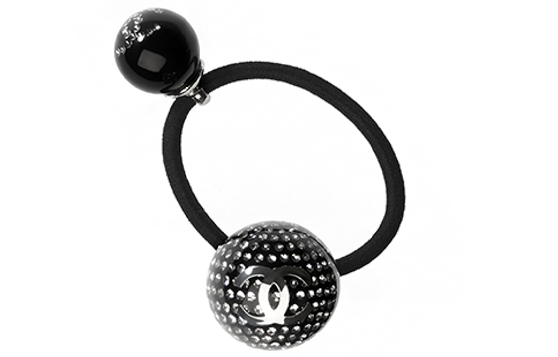 (Women) CHANEL Double Ball Rhinestone Elastic Hair Tie for Women - Black. AB7383-B07014-NF766