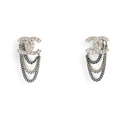 (Women) CHANEL Double C Black Gold Chain Metal & Rhinestone Earrings. AB7062-B06545-NF074