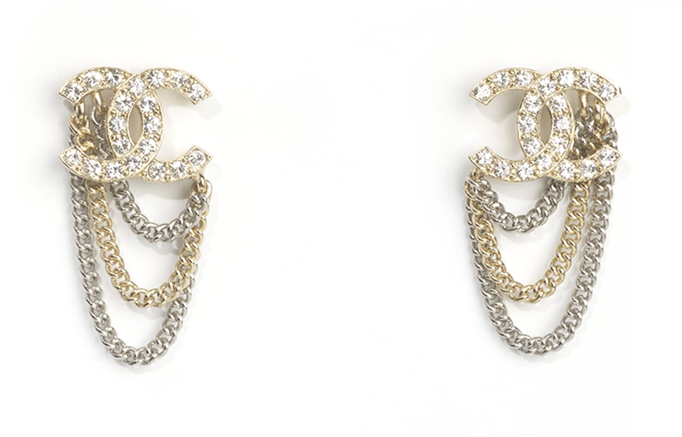 (Women) CHANEL Double C Chain Pendant Earrings in Metal and Rhinestone for Women. AB7062-B06545-NF042
