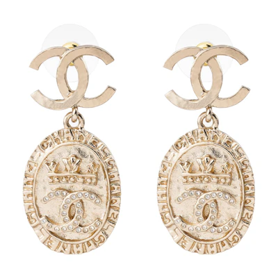 (Women) CHANEL Double C Coin Style Earrings with Rhinestones and Brass for Women. AB6669-B06123-ND152