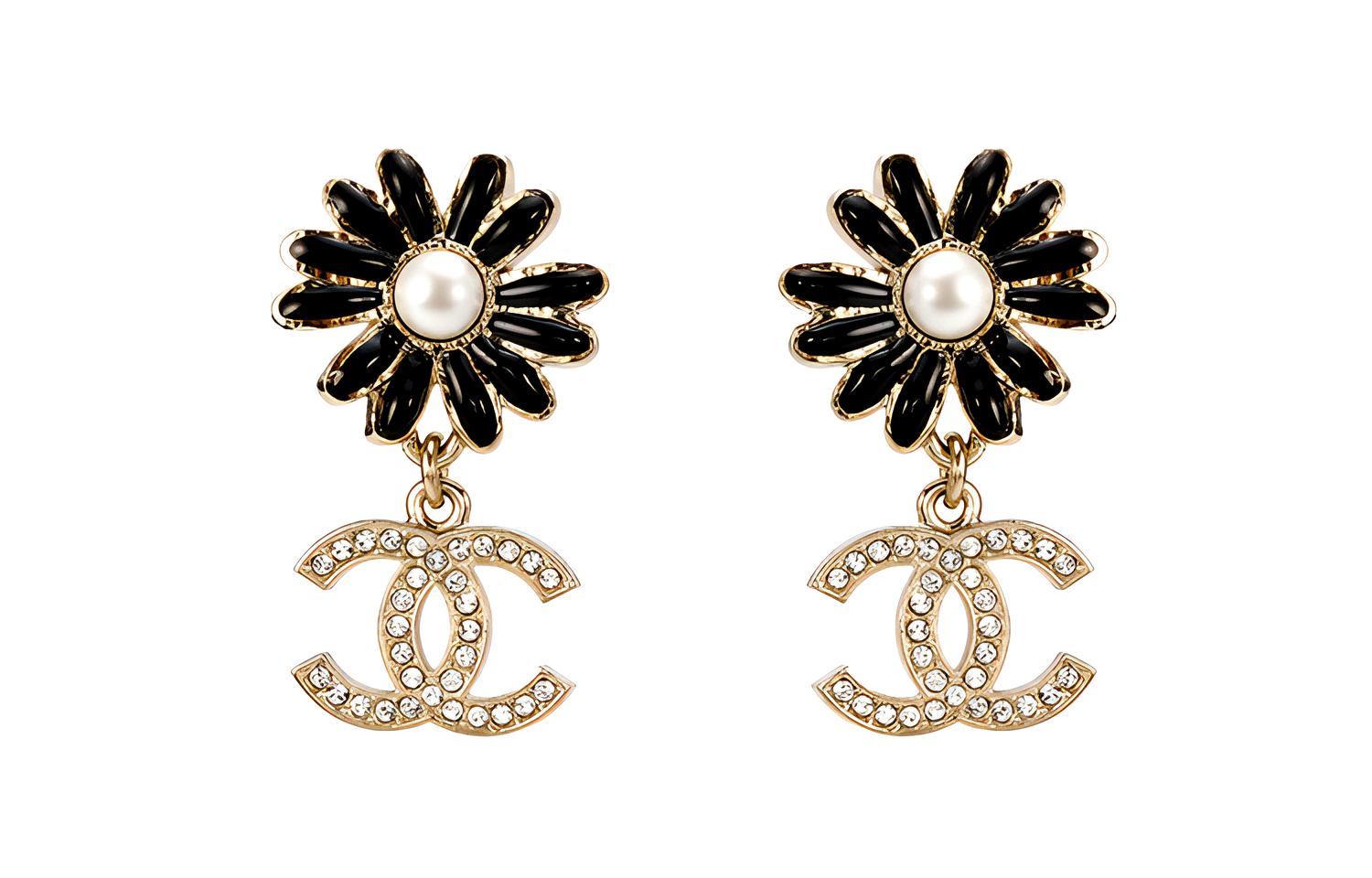 (Women) CHANEL Double C Floral Crystal Earrings Gold/Black  Accessories AB9654-BO9623-NL179