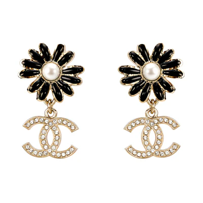(Women) CHANEL Double C Floral Crystal Earrings Gold/Black Accessories AB9654-BO9623-NL179