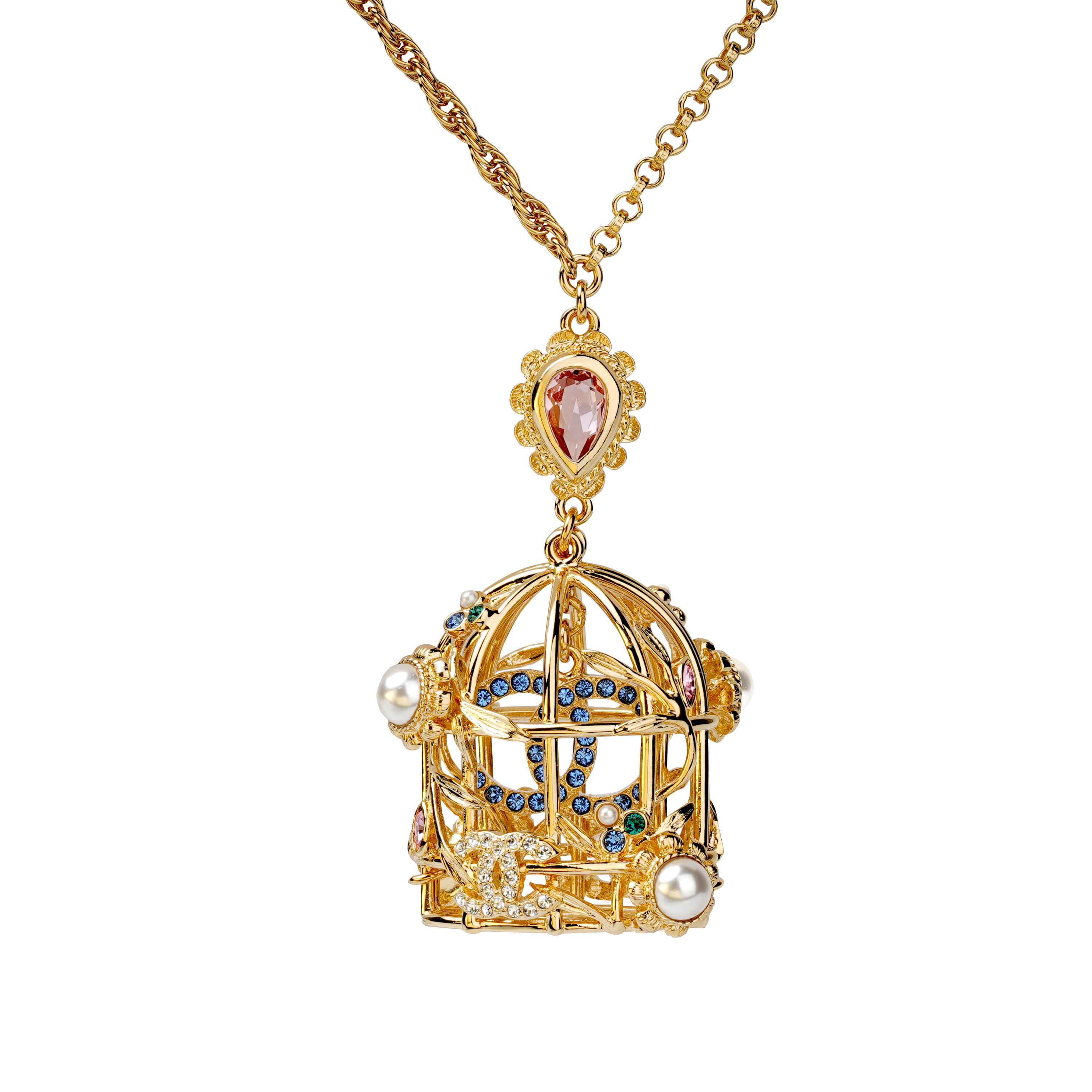 (Women) Chanel Double C Gold Birdcage Pendant Necklace with Pearls & Crystals (Gold). AB9620-B09609-NL141