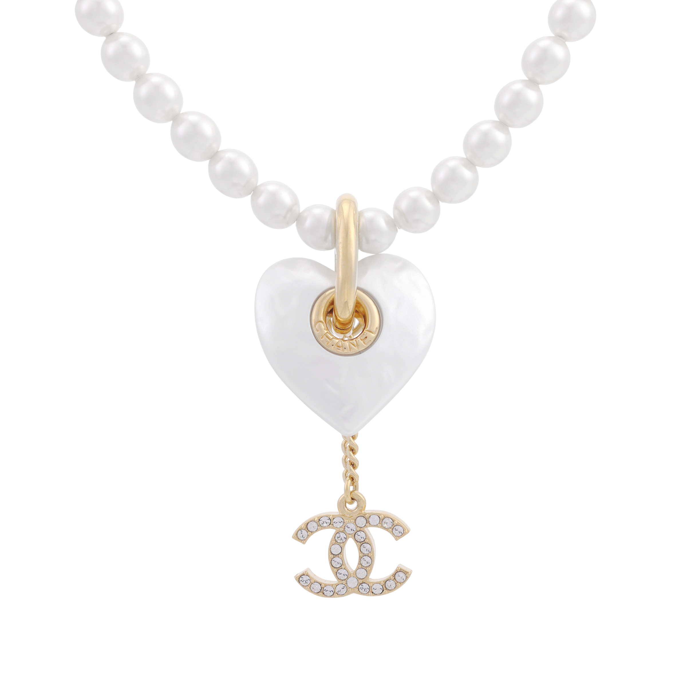 (Women) CHANEL Double C Heart Pendant Necklace White with Resin, Crystals & Pearls. ABD082-B16160-NW376