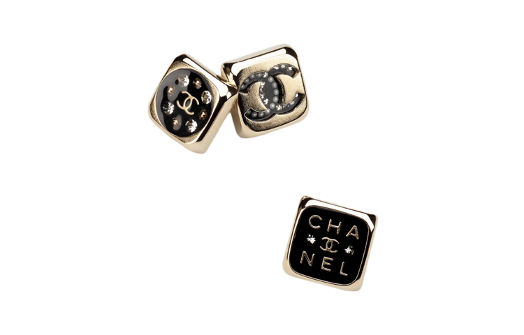 (Women) CHANEL Double C Logo Brooch in Black Gold with Metal, Resin, Rhinestones & Pearls. AB7977-B07766-NH116