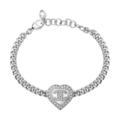 (Women) CHANEL Double C Logo Heart Alloy Rhinestone Bracelet Silver for Women. ABB621-B14142-NR575