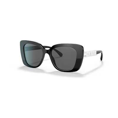 (Women) CHANEL Double C Logo Irregular Acetate Sunglasses for Women - Black. 0CH5422B 1026 S4 530