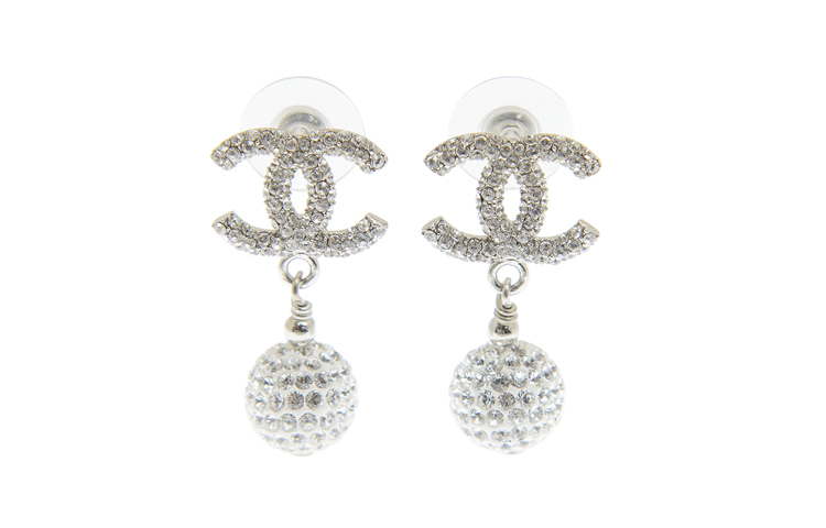 (Women) CHANEL Double C Logo Rhinestone Drop Earrings for Women - Silver A58328-Y68920-ZG623