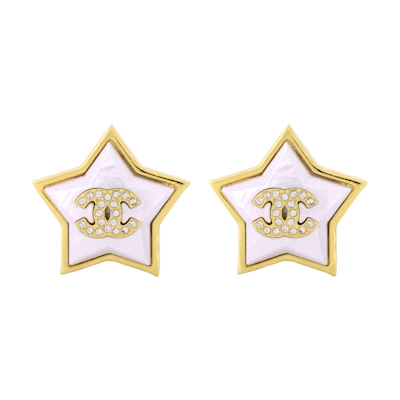 (Women) CHANEL Double C Logo Star Design Metal Clip Earrings Gold/White . ABC849B15459NU624