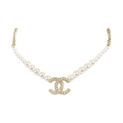 (Women) CHANEL Double C Metal Faux Pearl Necklace Women’s Gold/Pearl White. AB6549-B06135-ND169