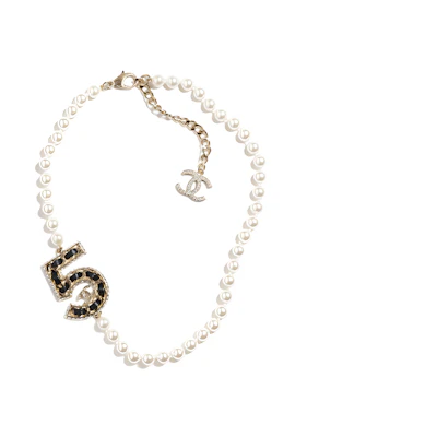 (Women) CHANEL Double C No.5 Pendant Lambskin Necklace with Pearls - White ABA169 B10371