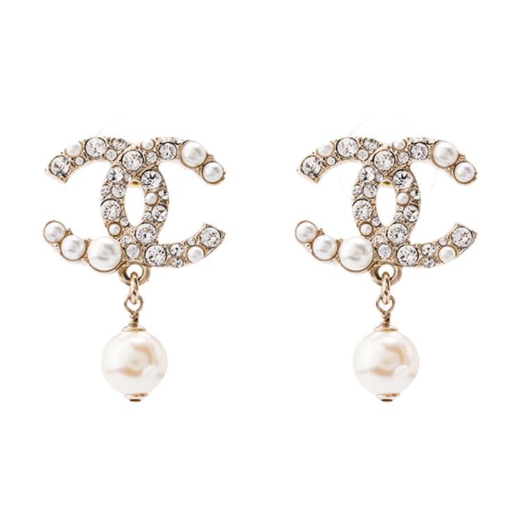 (Women) CHANEL Double C Pearl Pendant Metal Earrings Gold/Pearl White for Women AB5737-B04938-NB264
