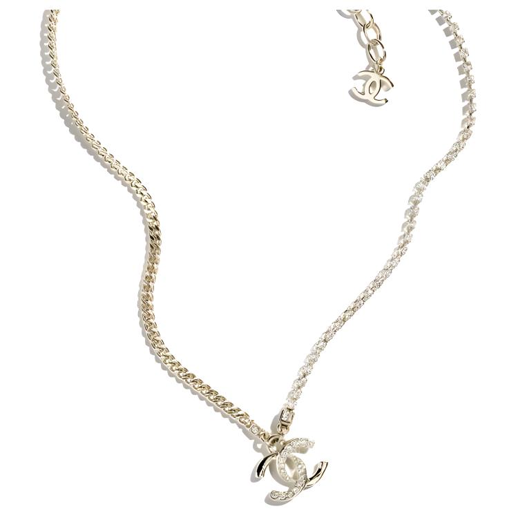 (Women) CHANEL Double C Pendant Necklace Gold with Rhinestones for Women. ABD044-B15387-NU491