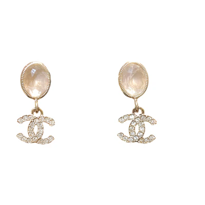 (Women) CHANEL Double C Pendant Rhinestone Gemstone Earrings Gold 23B New. ABB806-B14168-NR61