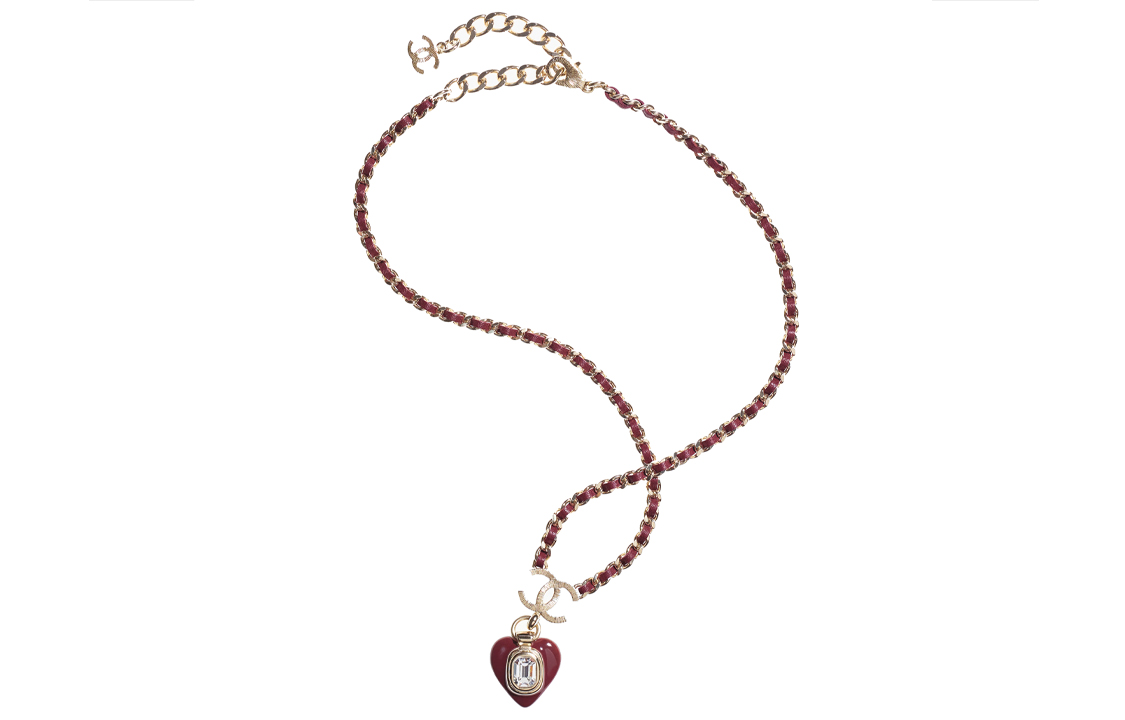 (Women) Chanel Double C Red Heart Necklace with Crystals, Lambskin, and Metal Chain. AB7388-B06928-NF641