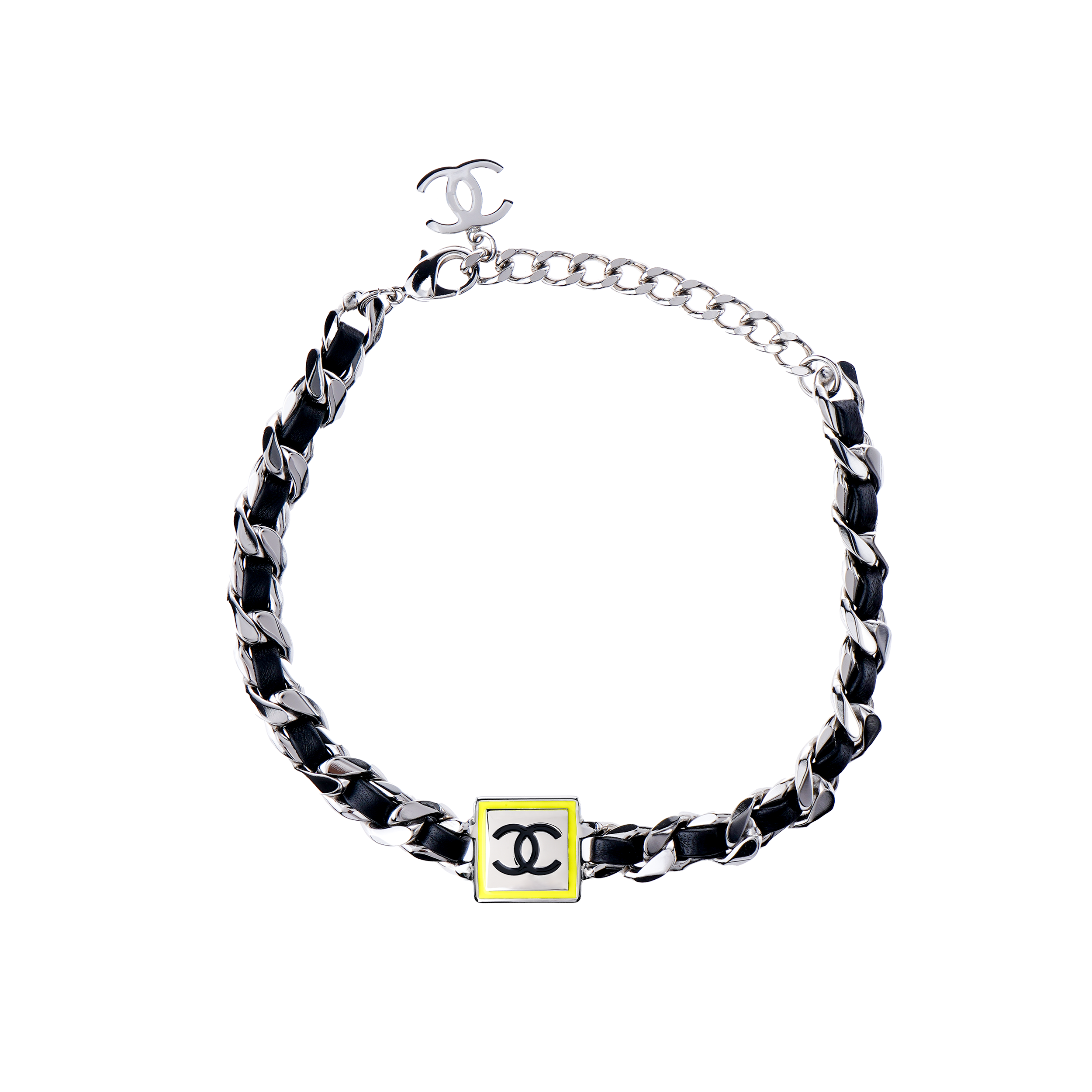 (Women) CHANEL Double C Silver Choker Necklace with Lambskin for Women. AB6771-B06482-NE778