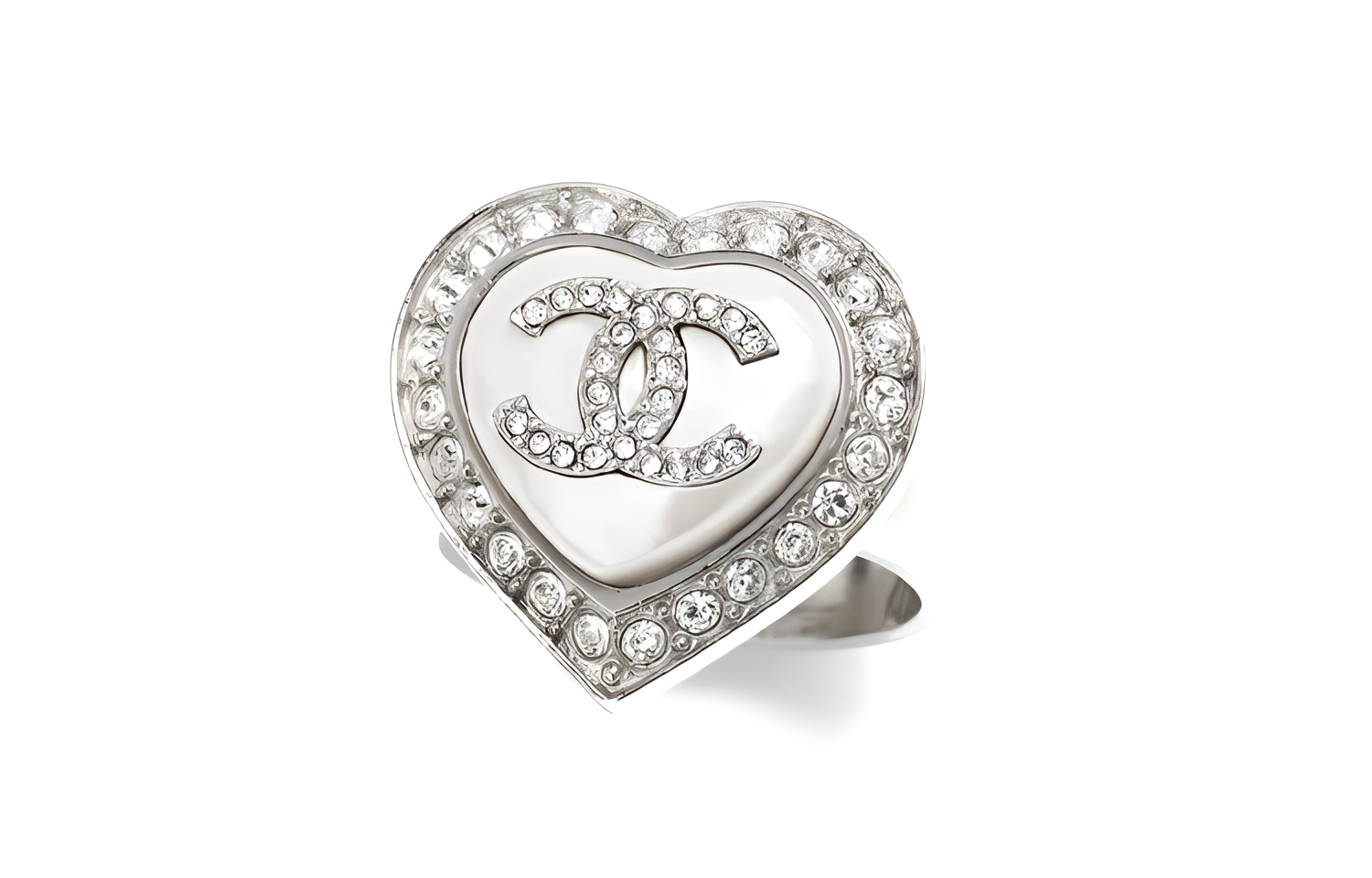 (Women) CHANEL Double C Silver Heart-Shaped Ring with Rhinestones for Women. ABB637-B14143-NR575