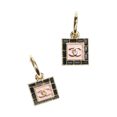 (Women) CHANEL Double C Square Black Earrings with Metal, Rhinestone, and Resin Design. ABD163-B16633-NY048