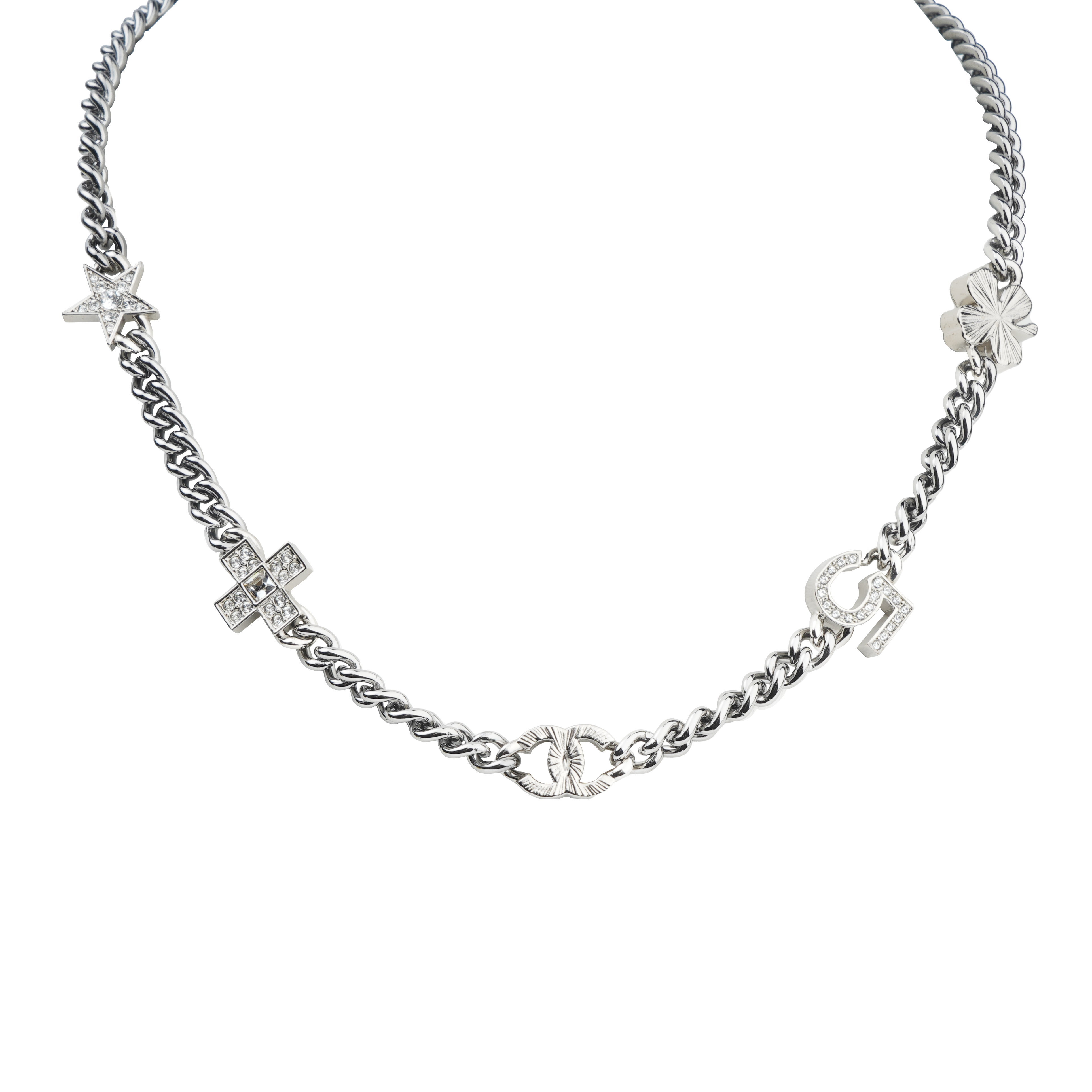 (Women) CHANEL Double C Star Bow Rhinestone Necklace Silver Metal  Jewelry. AB8012-B07790-NH177