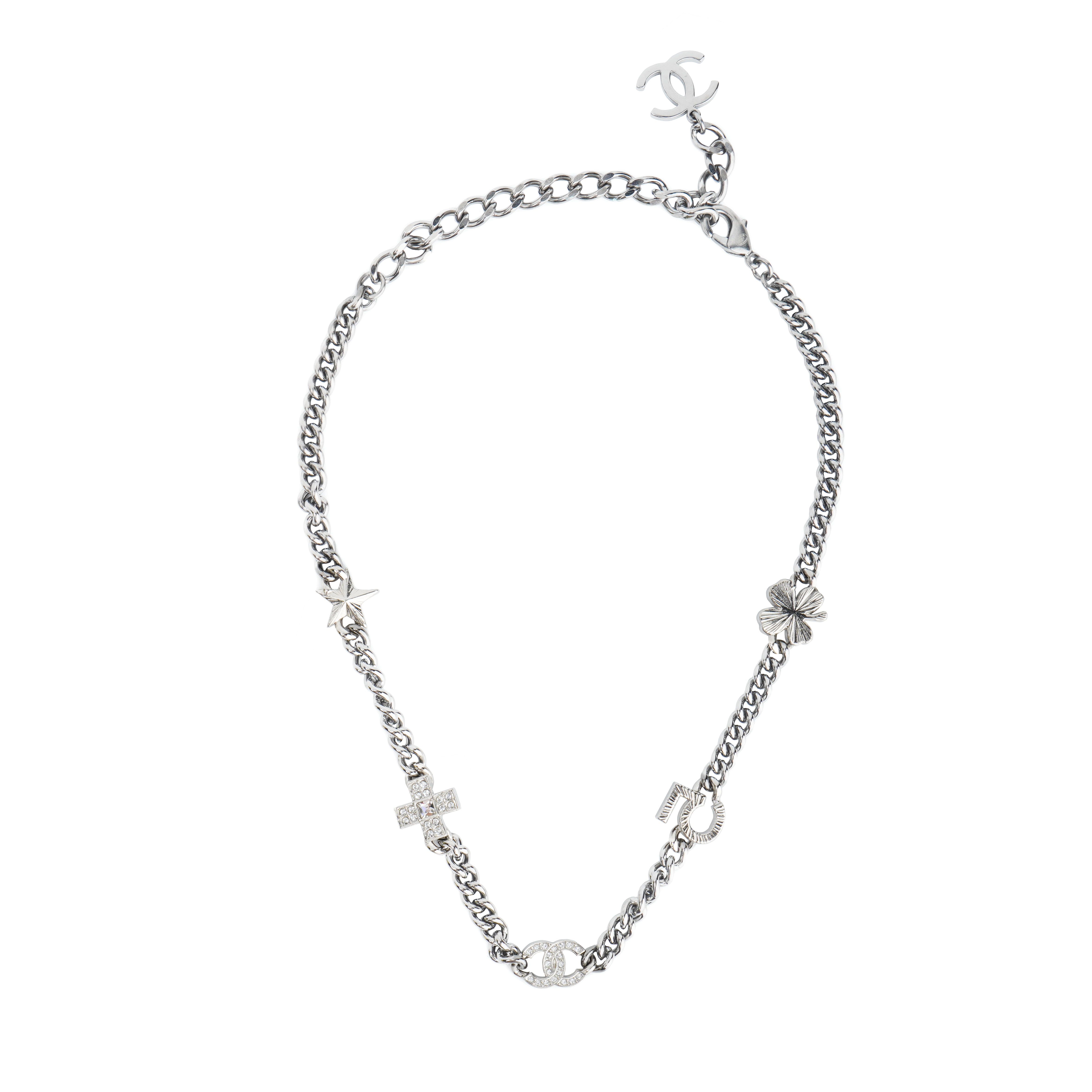 (Women) CHANEL Double C Star Bow Rhinestone Necklace Silver Metal  Jewelry. AB8012-B07790-NH177 圖 4