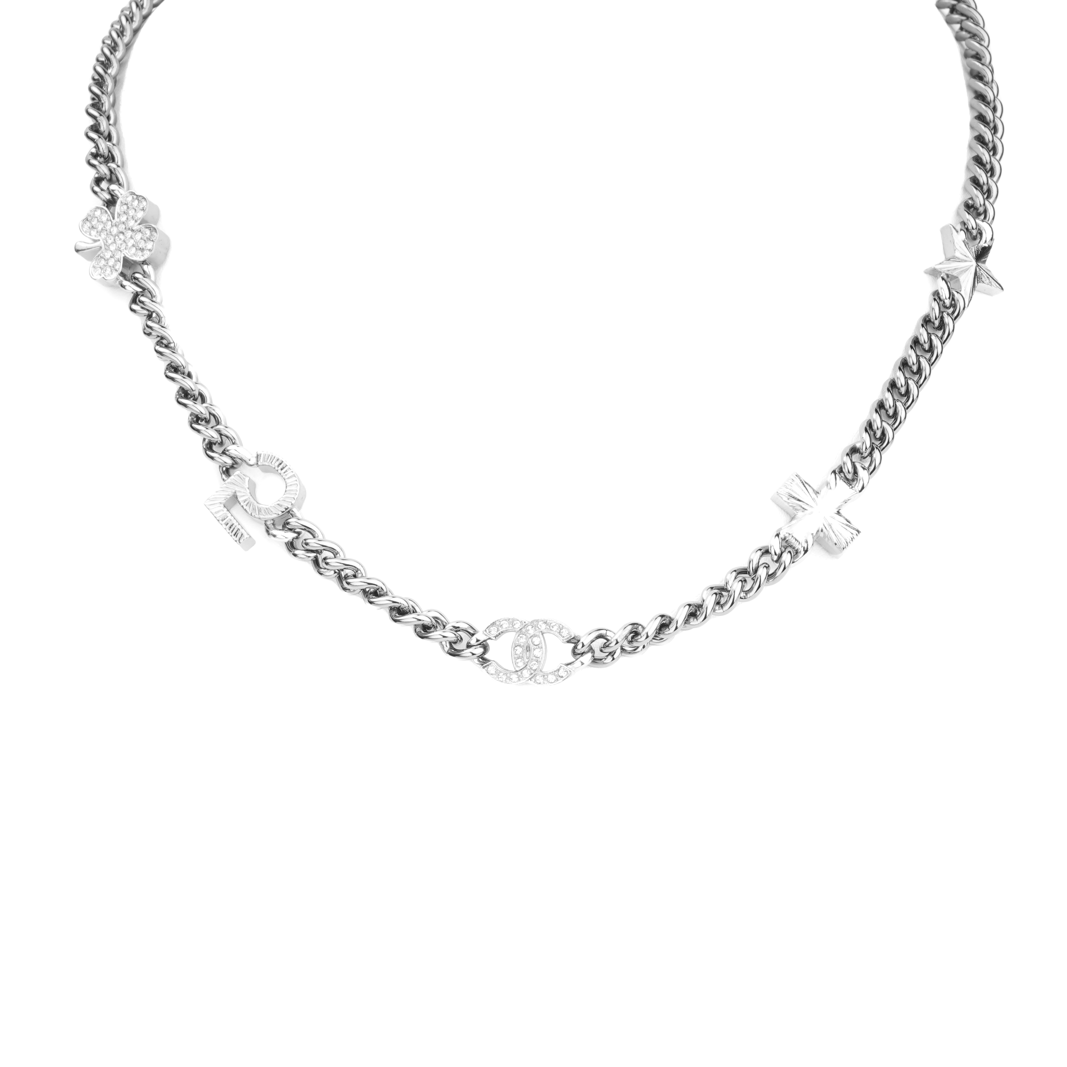 (Women) CHANEL Double C Star Bow Rhinestone Necklace Silver Metal  Jewelry. AB8012-B07790-NH177 圖 5