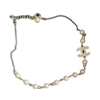 (Women) CHANEL Double C Vintage Elegant Necklace with Pearls, Rhinestones, Silver for Women ABD453-B16782-NY391
